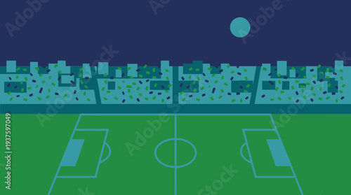 Soccer Field at Night with City Skyline Background.