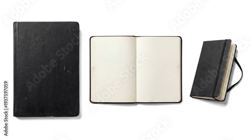 Photos three black notebooks arranged on a transparent background, with one open to blank pages