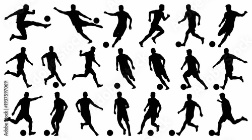 Collection of silhouetted soccer players in various dynamic poses.