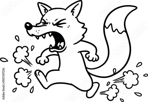 Cartoon Angry Fox Running with Puffs of Smoke in Black and White Illustration