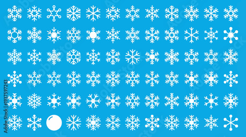 Collection of white snowflakes on a blue background with a white circle.