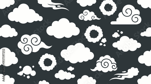 Whimsical White Clouds and Wind Symbols on Dark Background.
