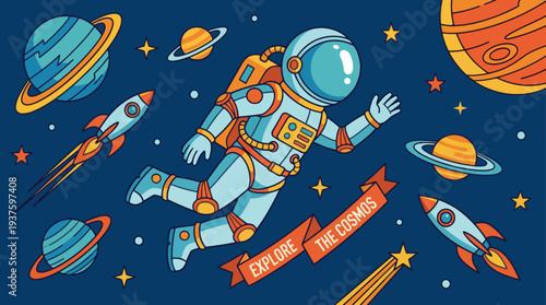 Astronaut floating in space with planets and rockets around.