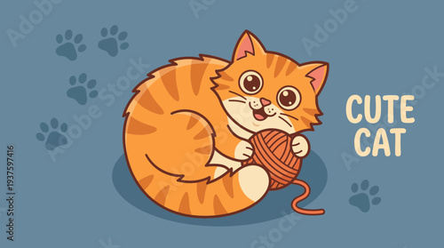 Adorable cartoon orange cat playing with ball of yarn.