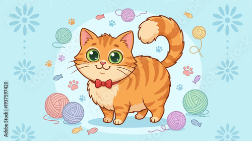 Adorable orange tabby cat surrounded by colorful yarn balls and knitting accessories.