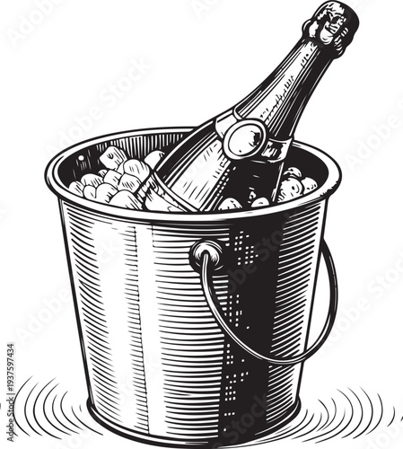Champagne in an ice bucket Hand-drawn Sketch Drawing Vector Illustration, Line Linear Symbol Black and White Engraving, Isolated