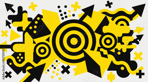 Abstract geometric shapes in black and yellow on a gray background.