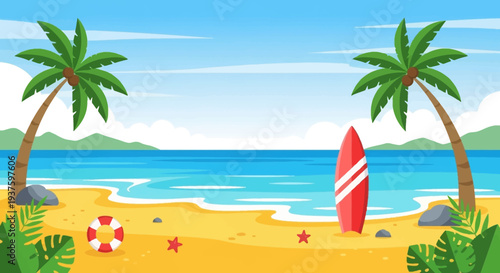 Tropical beach scene with surfboard and palm trees.