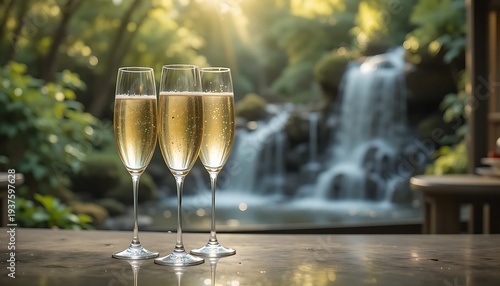  Elegant champagne flutes filled with a light-colored sparkling wine on a bar counter, with a gentle waterfall and forest background, serene and natural. Ratio 16:9, soft natural light, calming, peace