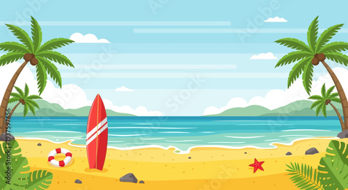 Tropical beach scene with surfboard and palm trees by the ocean.