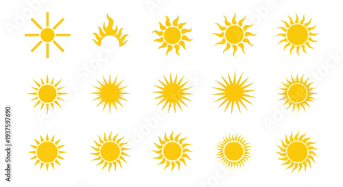 Collection of yellow sun icons in various designs and styles.