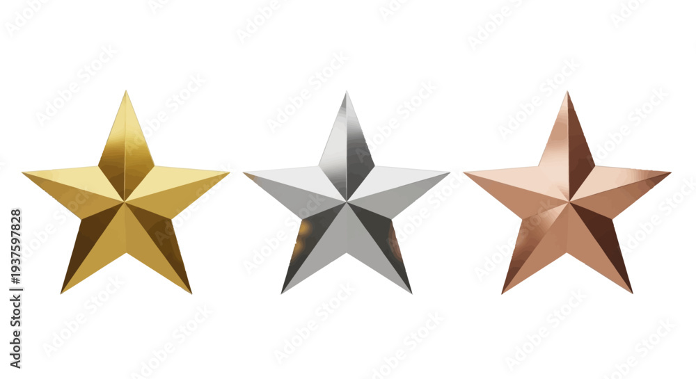 Obraz premium Three metallic stars in gold silver and copper colors.
