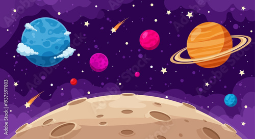 Colorful Cartoon Illustration of Planets and Stars in Outer Space.