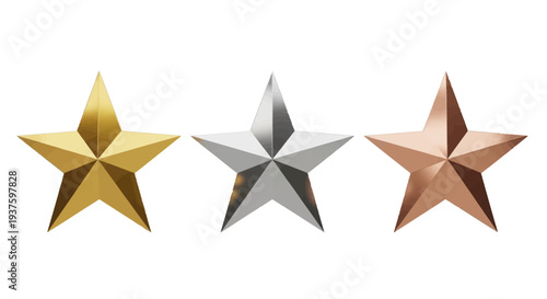 Three metallic stars in gold silver and copper colors.