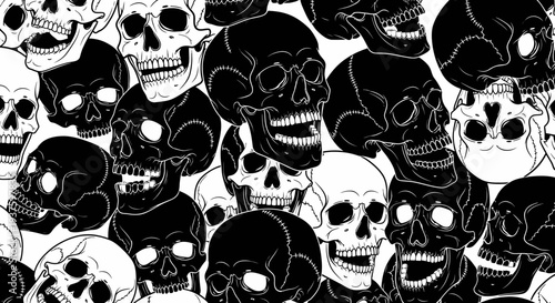 Black and white illustration of various skulls in different poses and sizes.