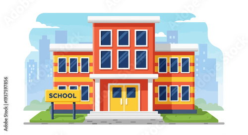 Colorful cartoon illustration of a three-story school building with a sign and a vibrant cityscape background.