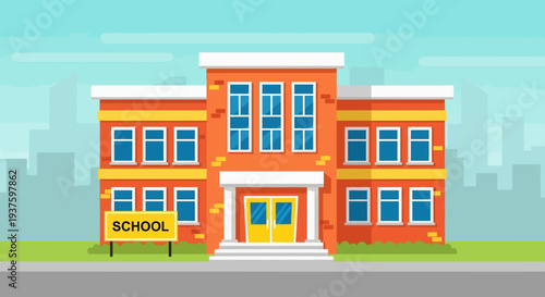 Illustration of a three-story school building with a sign and cityscape background.