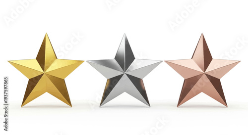 Three metallic stars in gold, silver, and bronze on a white background.