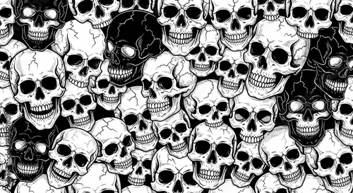 Black and white illustration of multiple human skulls.