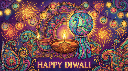 a vibrant and colorful graphic depicting a happy Diwali scene