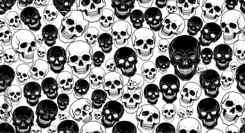 Black and white illustration of numerous skulls in various sizes.