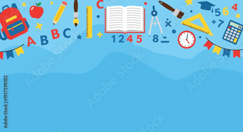 Back to School Supplies and Stationery on Blue Background.