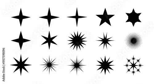 Collection of various black star shapes and designs on white background.