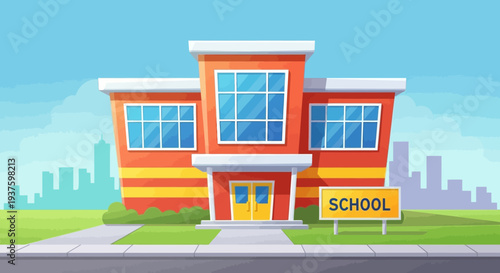 Colorful illustration of a modern elementary school building with a sign.