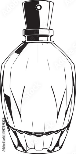 Elegant faceted glass perfume bottle with atomizer spray Hand-drawn Sketch Drawing Vector Illustration, Line Linear Symbol Black and White Engraving, Isolated