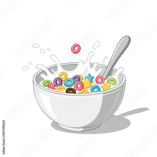 Colorful Breakfast Cereal Bowl with Milk and Spoon for Kids and Adults