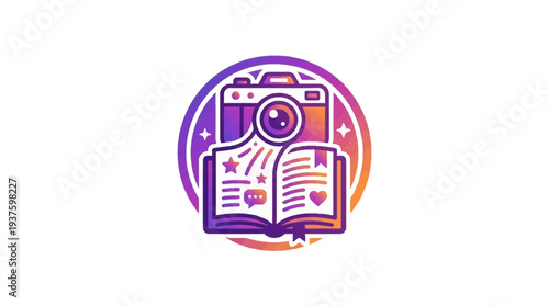Creative flat icon symbolizing digital storytelling with a vintage camera, an open book, and sparkling elements, representing narrative creation.