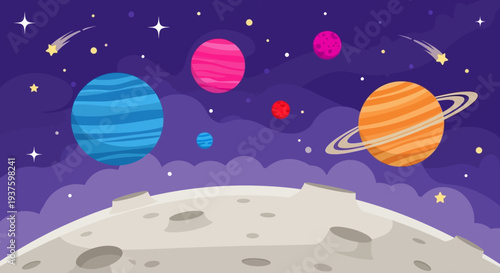 Colorful Cartoon Illustration of Planets and Stars in Space.