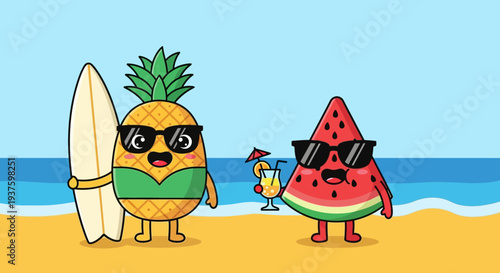 Cartoon pineapple and watermelon characters enjoying a beach vacation together.