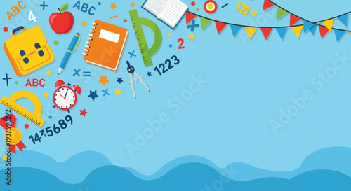 Colorful Back to School Supplies and Stationery on Water Background.