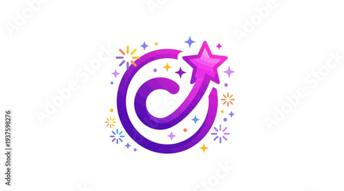 Abstract icon symbolizing creator brand identity and success, featuring a swirling path leading to a star, surrounded by sparkling lights on a vibrant gradient background.