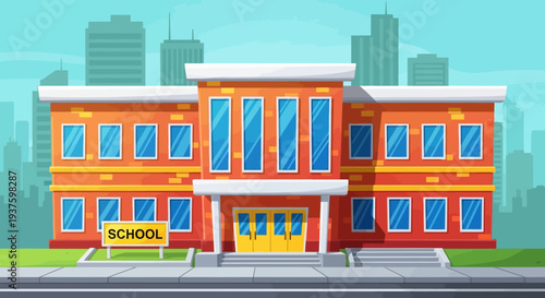 Vibrant cartoon illustration of a modern school building with a cityscape background.