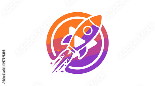 Colorful icon representing a rocket launch with a play button, symbolizing content creation, startup, and video platform success in a vibrant gradient.