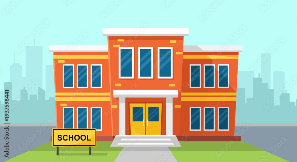 Naklejka premium Vibrant orange school building with yellow doors and sign.