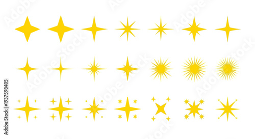 Collection of yellow star shapes and sparkle icons in various designs.