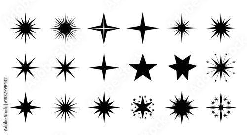 Collection of various black star shapes and designs on white background.