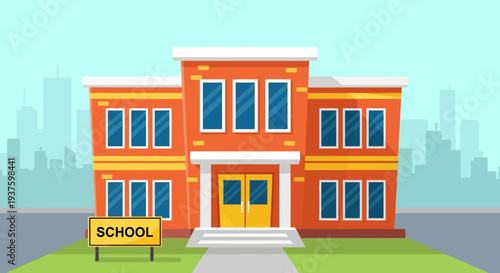 Vibrant orange school building with yellow doors and sign.
