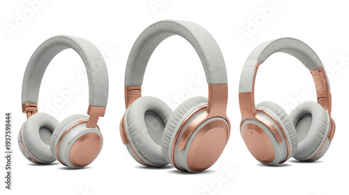 Valokuva sophisticated headphones featuring rose gold metallic details and soft white ear cushions, arranged in a repeating pattern on a stark transparent background, emphasizing a high-end audio device