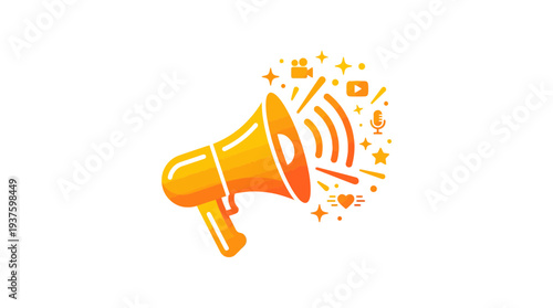 Colorful flat icon of a megaphone with digital marketing symbols like video camera, YouTube, microphone, and social media icons, promoting content.