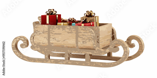 A wooden sleigh overflowing with brightly wrapped christmas gifts and decorations
