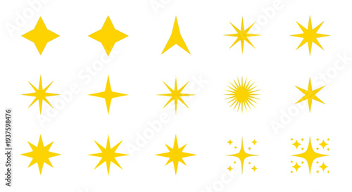 Collection of yellow star shapes and icons in various designs.