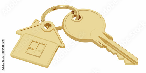 Golden key with a house shaped charm hanging from a keyring