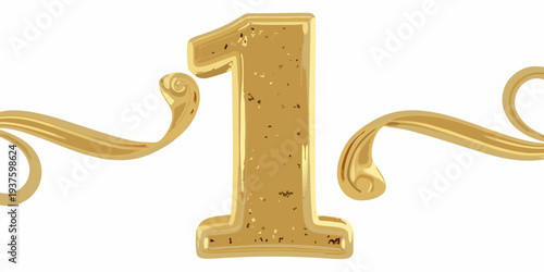 A golden number one with decorative swirls and a textured surface