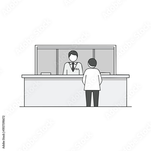 Modern Reception Desk with Customer Service Representative and Visitor
