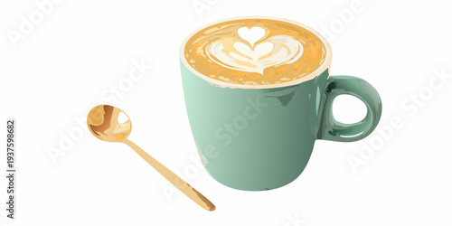 A teal mug filled with latte art and a golden spoon nearby