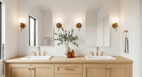 A modern bathroom with a double vanity and two sinks